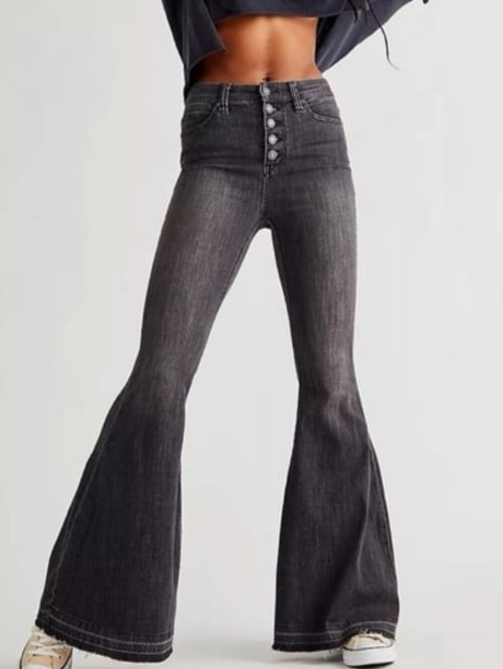 FREE PEOPLE We The Free Wide Leg Bell Bottom Jeans Flare Size 27 Stretch Black
